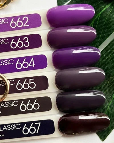 Dark purple and lilac gel nail polish color swatches in glossy finish, labeled 662 to 667.