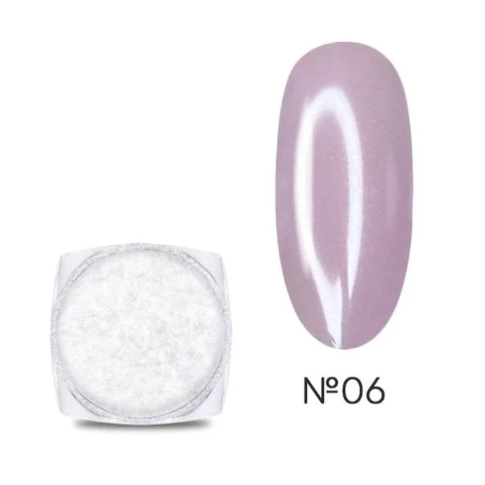 Iridescent white nail powder and swatch in light purple shimmer, labeled No. 06, manicure supplies