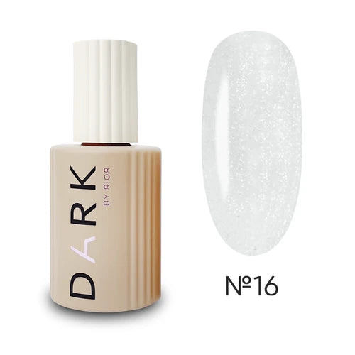 Gel nail polish bottle with white glitter swatch, shade number 16, manicure supplies