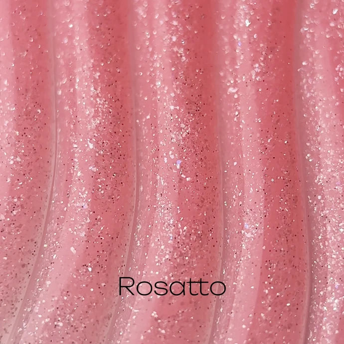 Pink glitter gel nail polish swatches, shimmering manicure nail art, labeled Rosatto