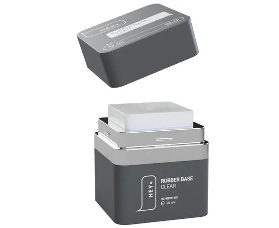 30ml clear rubber base nail gel in a square gray container with the lid off