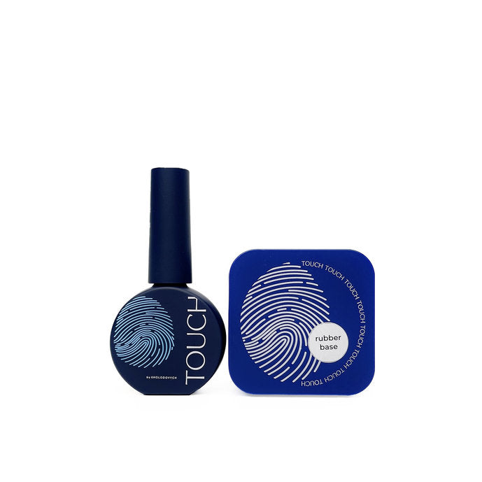 Rubber base gel polish bottle and container with blue fingerprint design for manicure.