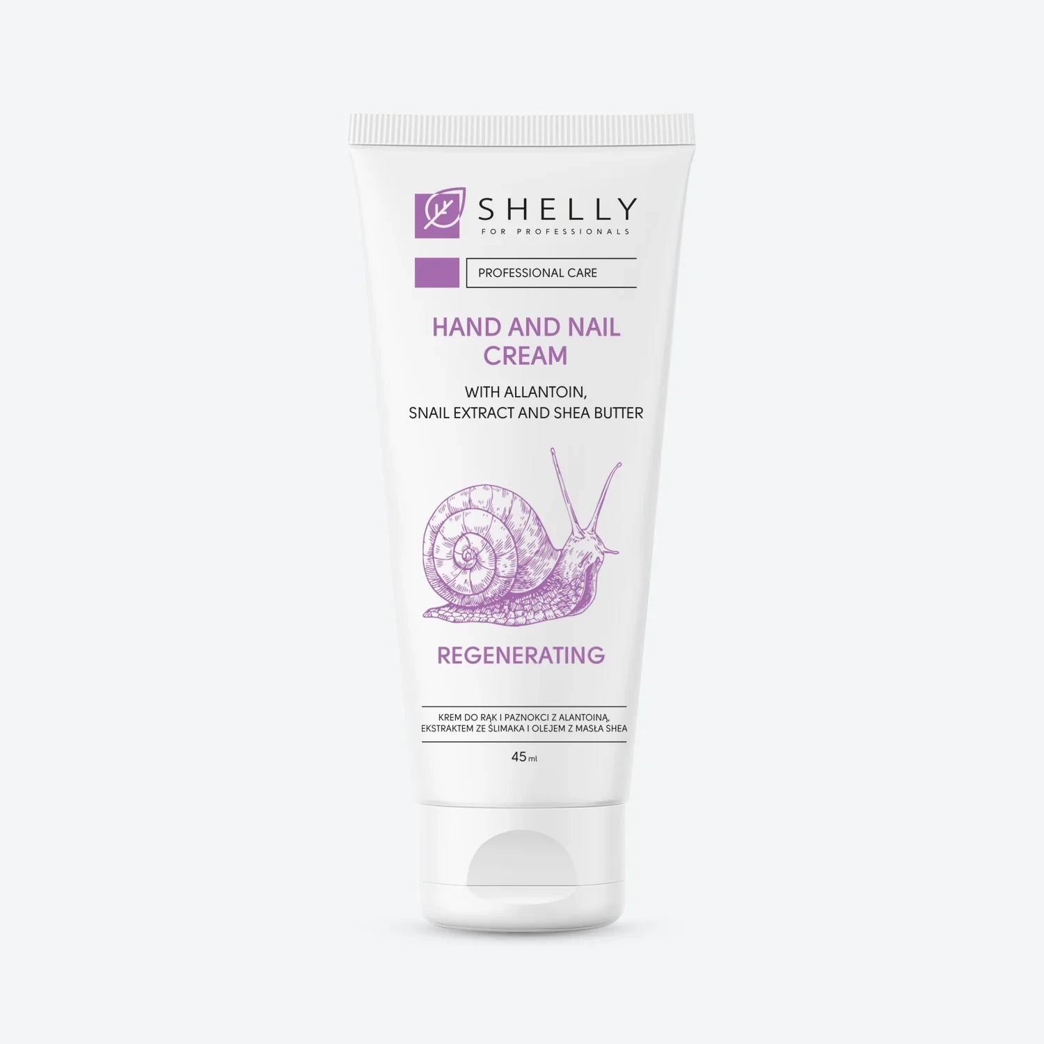Hand and nail cream with snail extract and shea butter in a 45ml tube, product photo