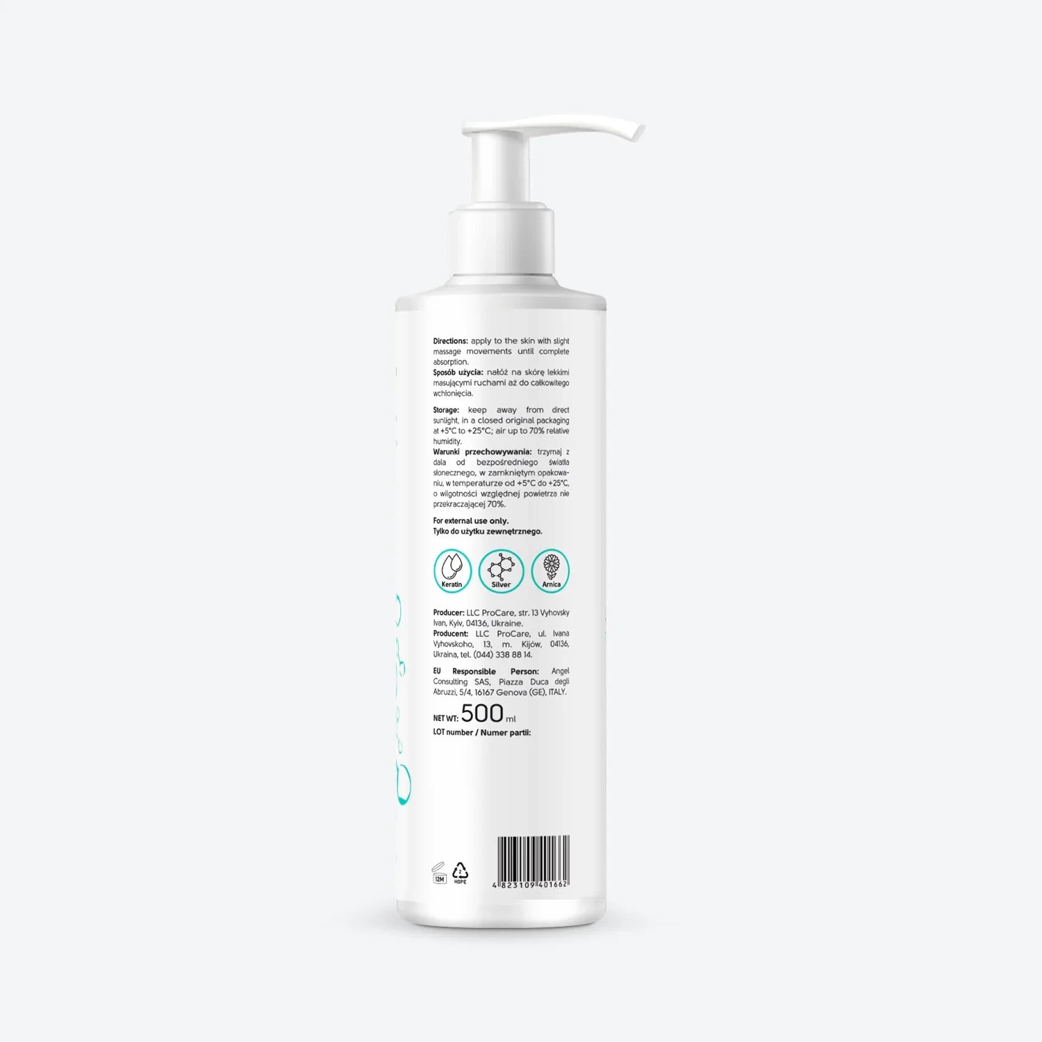 Back label of a white pump bottle for hand and nails cream with keratin, 500 ml.