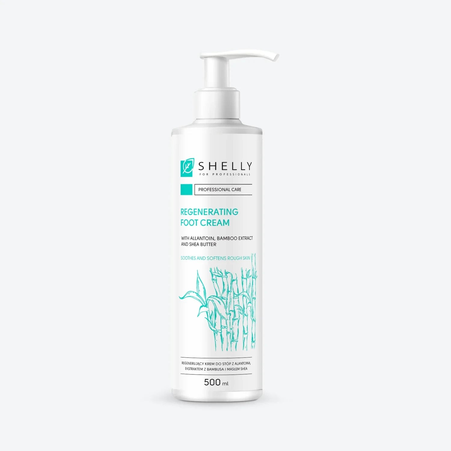 White bottle of regenerating foot cream with allantoin, bamboo extract, and shea butter, 500ml
