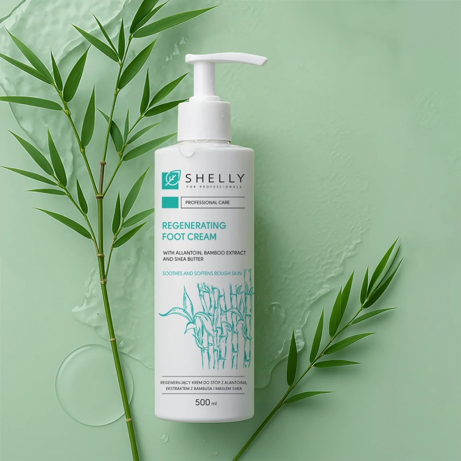 Regenerating foot cream bottle with pump, bamboo leaves, and light green background