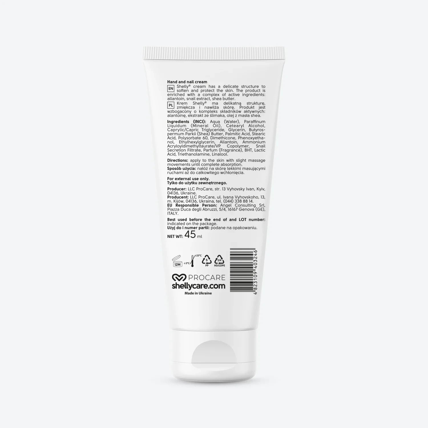 Back view of 45ml hand and nail cream tube with ingredients and instructions listed.
