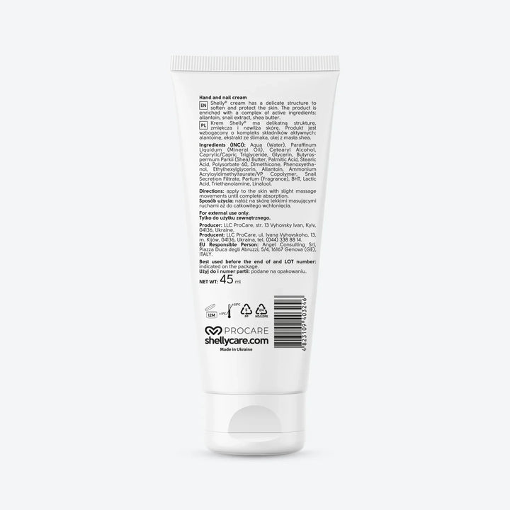 SHELLY Hand- und Nagelcreme, 45 ml, mit Allantoin, Schneckenextrakt und Sheabutteröl