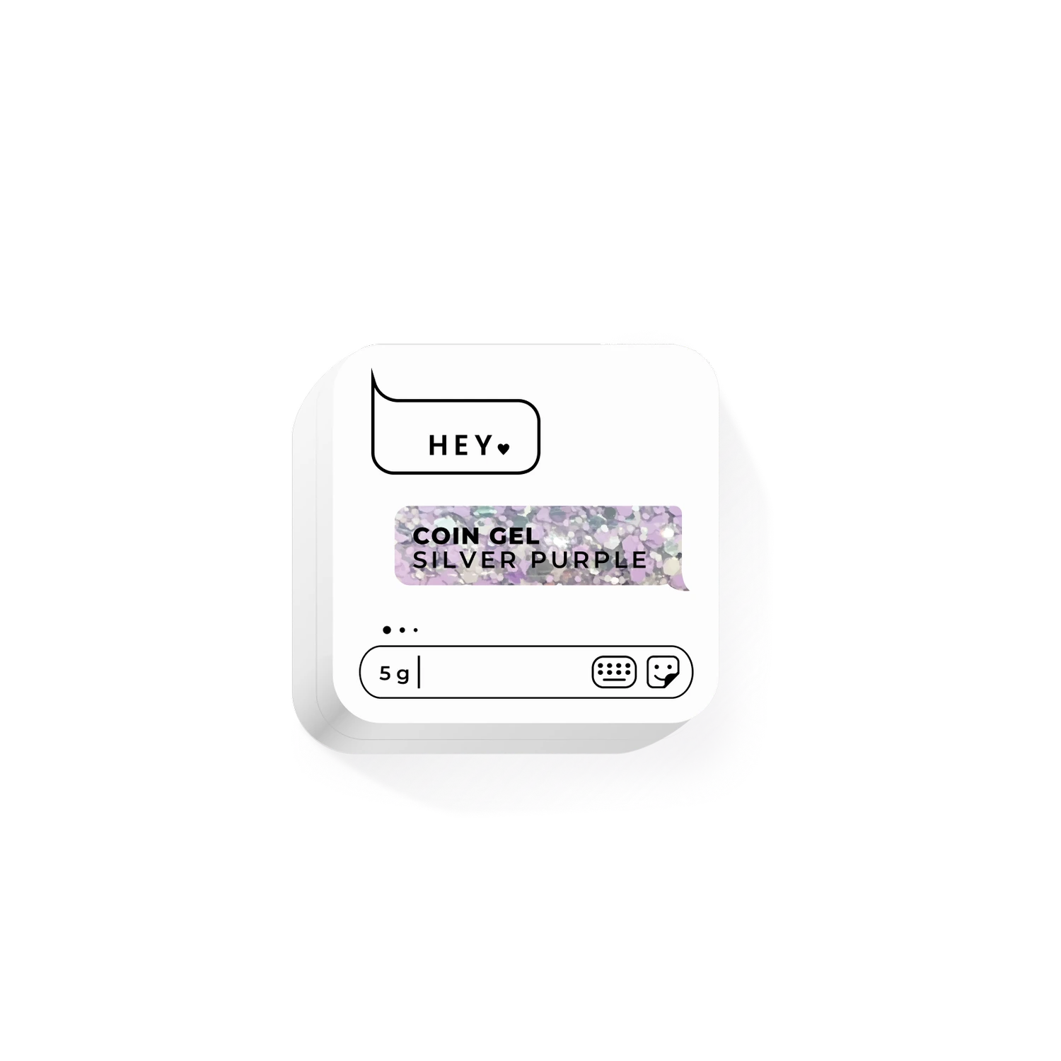 Silver purple glitter coin gel for nails, 5g, in a chat-themed design.