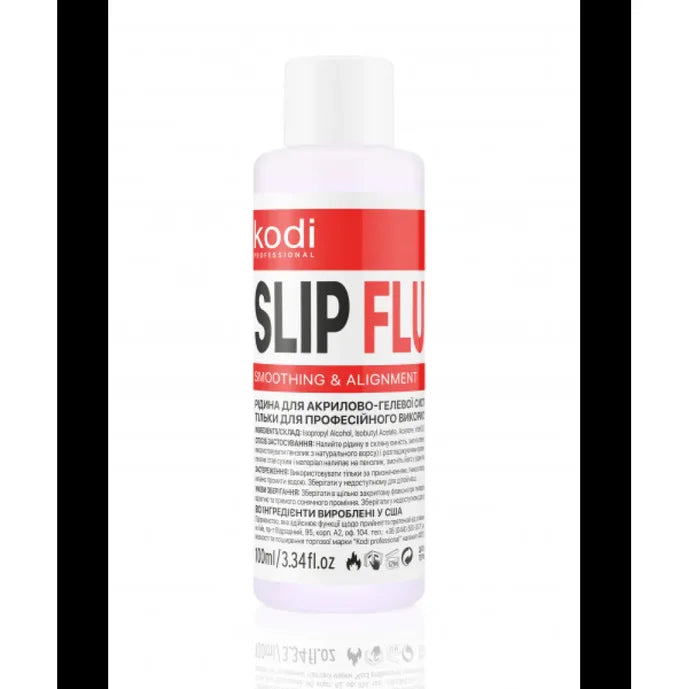 Clear bottle of slip fluid for acrylic gel nails, 100ml, with red label and white cap