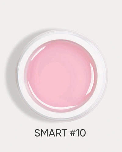 Open jar of pink UV gel for nails labeled SMART #10 on a white background