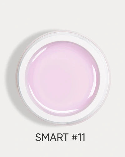 Open jar of light pink UV gel for nails, labeled SMART #11, on a white background.