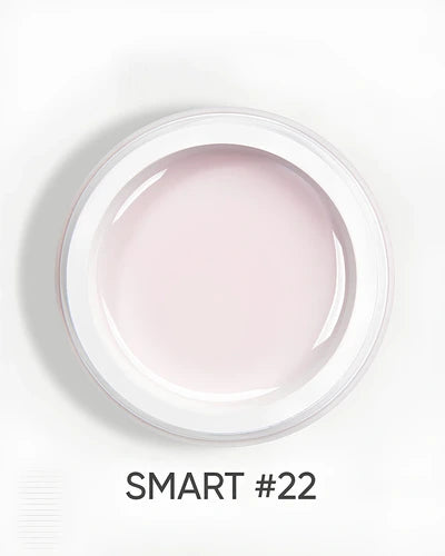 Open jar of light pink UV gel for manicure labeled SMART #22, shown from above.