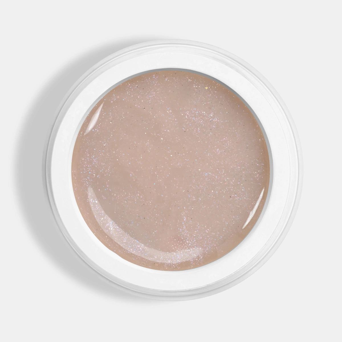 Pink glitter UV gel in white manicure jar for nail enhancement