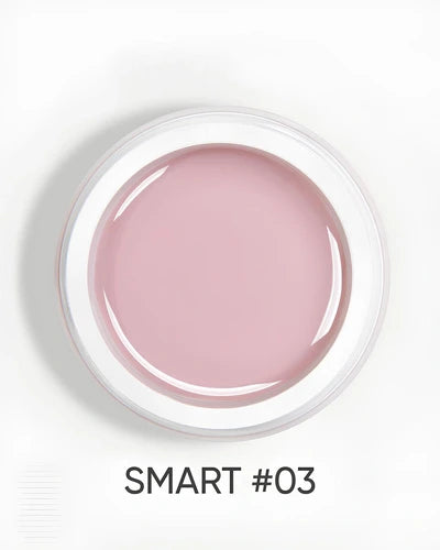 Open jar of pink UV gel for nails labeled SMART #03, shown from above on white background.