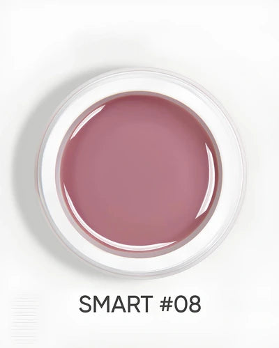 Open container of pink UV gel nail polish labeled SMART #08 on white background