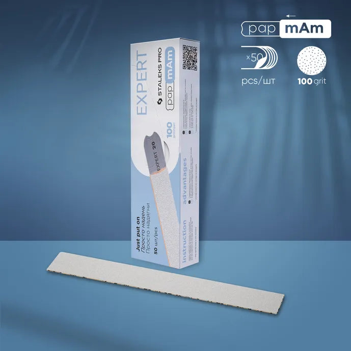 White replacement nail file strips and box, 100 grit, professional manicure tool.