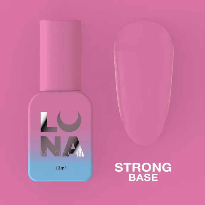 Pink strong base coat nail polish bottle with swatch for manicure, 13ml