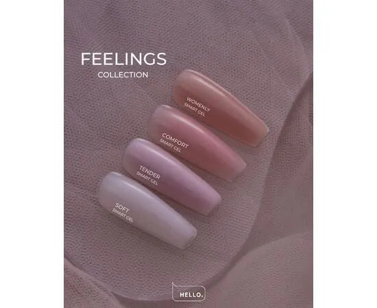 Feelings Collection nail gel swatches in soft nude, pink, and mauve shades on textured background