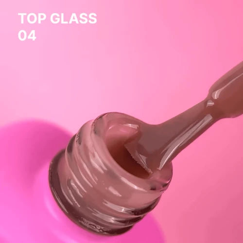 Top Glass 04 nail gel polish bottle with brush against a pink background