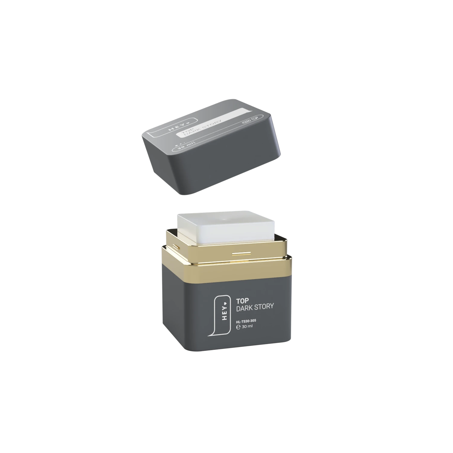 30ml dark gray nail gel container with gold trim and removable lid, labeled 'TOP DARK STORY'.