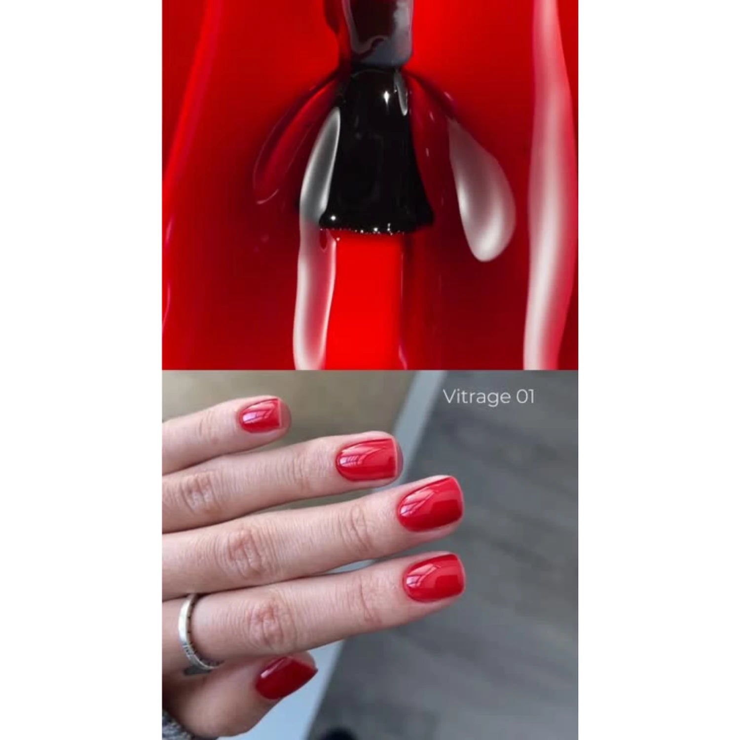 Red UV gel nail polish being applied, with finished glossy red manicure on natural nails.
