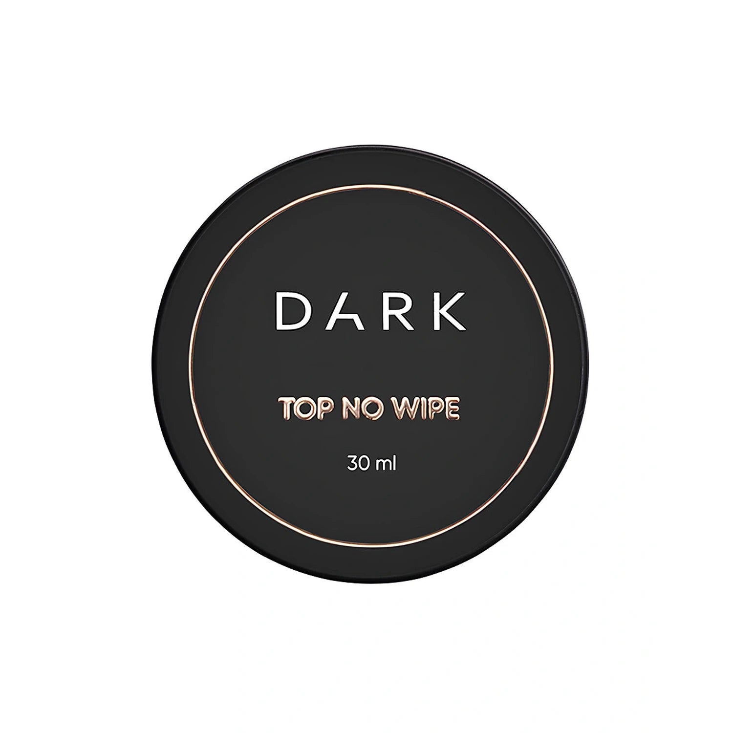 Black round container labeled DARK Top No Wipe, 30 ml, for gel nail polish finishing