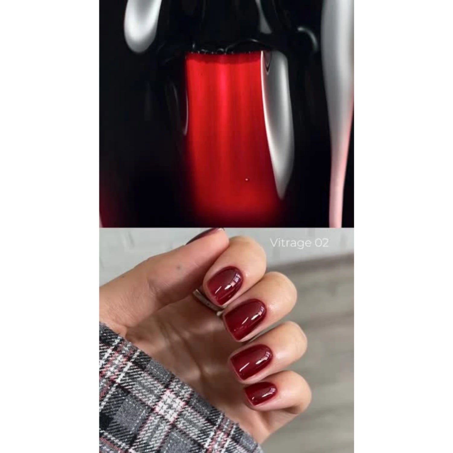 Glossy deep red UV gel nail polish on short, square-shaped manicured nails