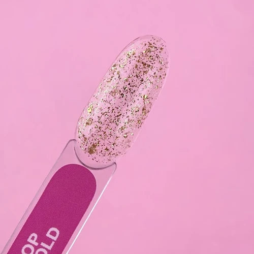 Pink nail swatch with gold glitter flakes, professional manicure polish sample