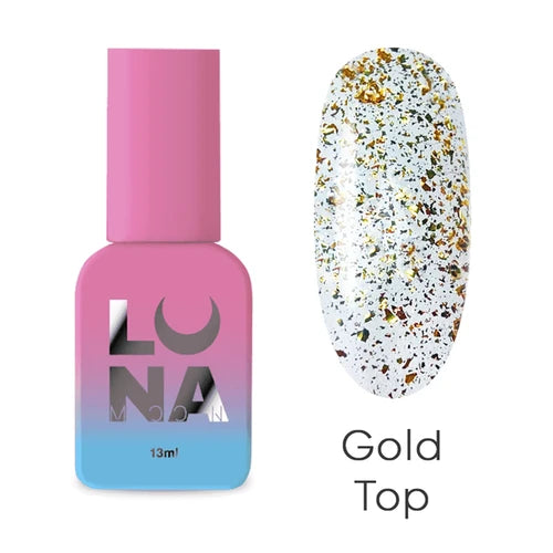 Pink and blue nail polish bottle with gold flake top coat swatch labeled 'Gold Top'.