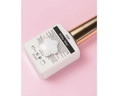Milky Way UV gel polish bottle with rose gold cap on pink background, nail product