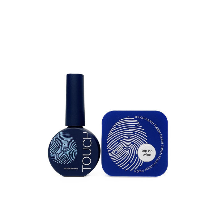 Touch top no wipe gel polish and matching box with fingerprint design, manicure supplies.