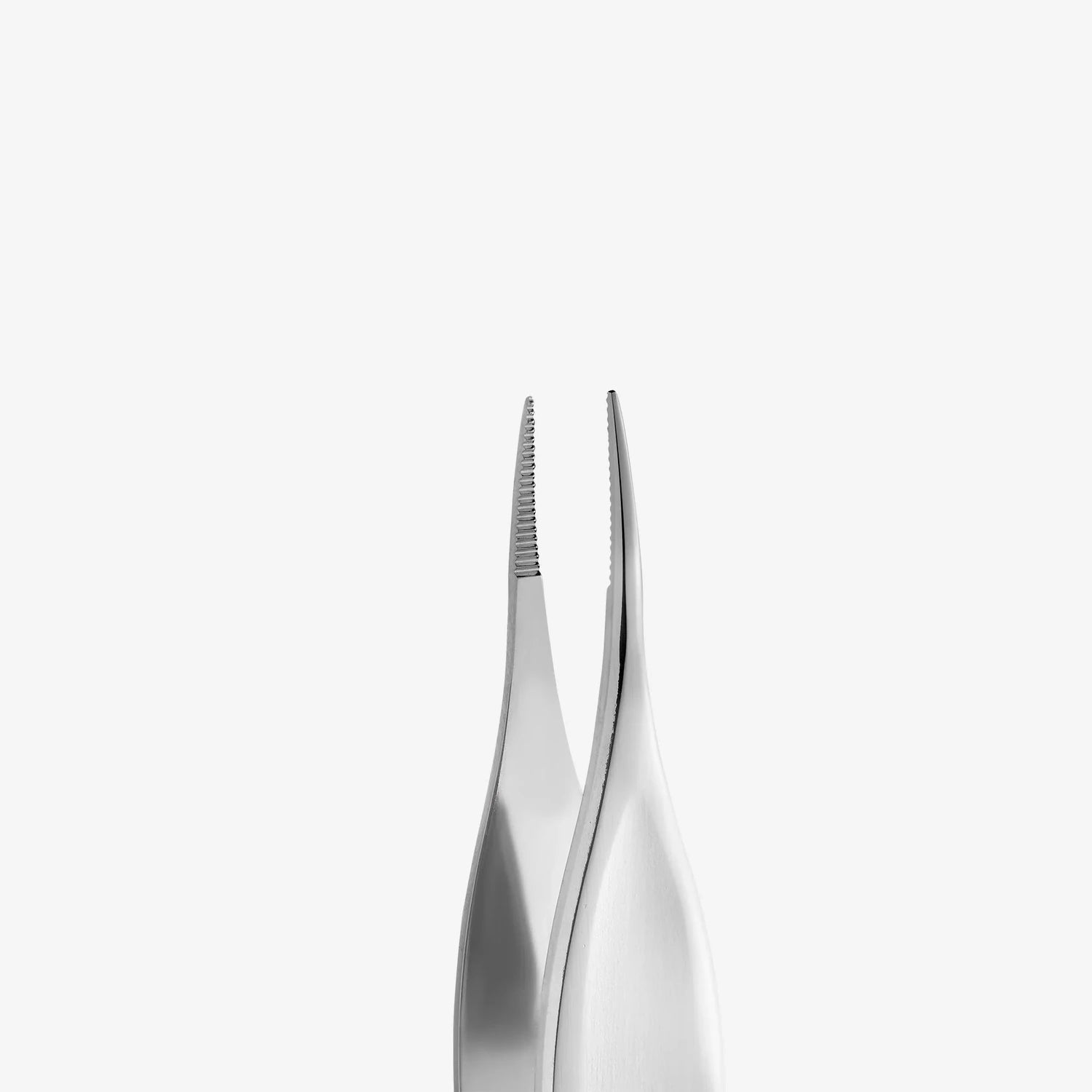 Stainless steel precision manicure tweezers with fine textured tips on white background
