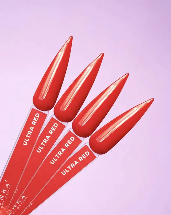 Ultra red stiletto nail polish swatches on sample sticks over pastel background
