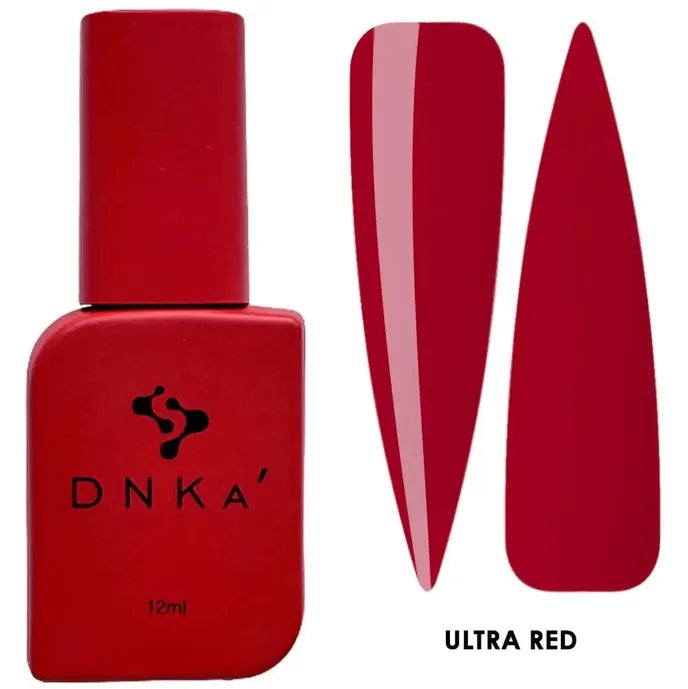 Ultra red gel nail polish bottle with two nail swatches in vibrant red shade