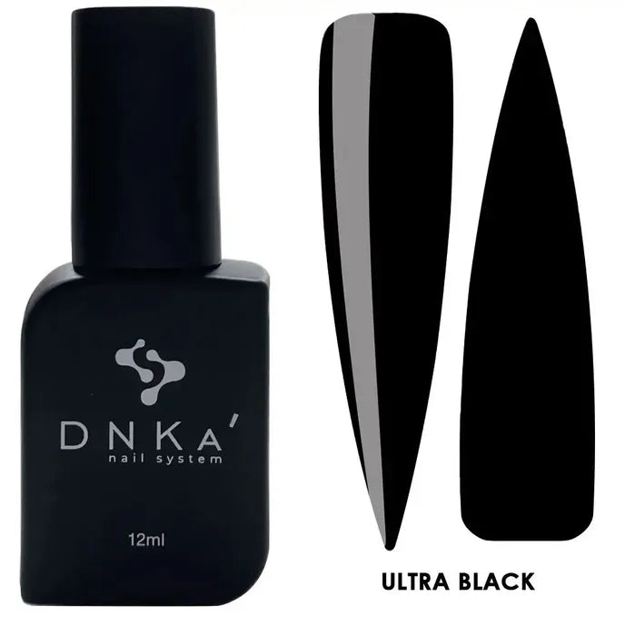 Ultra black gel nail polish bottle with two black nail swatches for manicure