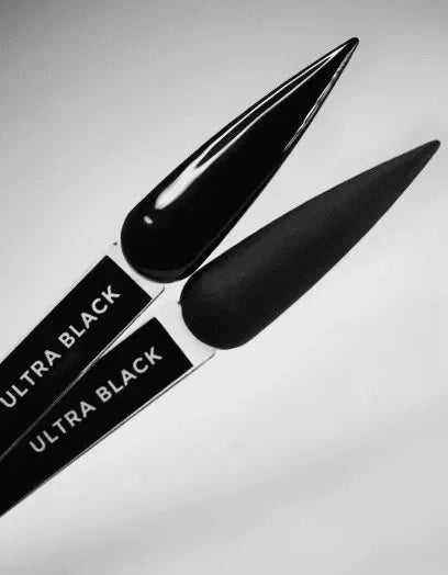 Glossy and matte black nail polish swatches labeled Ultra Black on manicure sample sticks